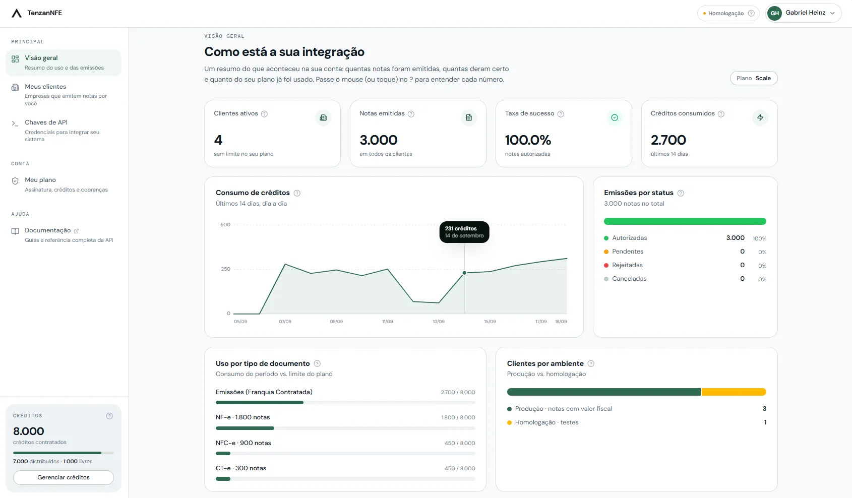 Painel da Tenzan com requisições, status dos serviços e documentos emitidos